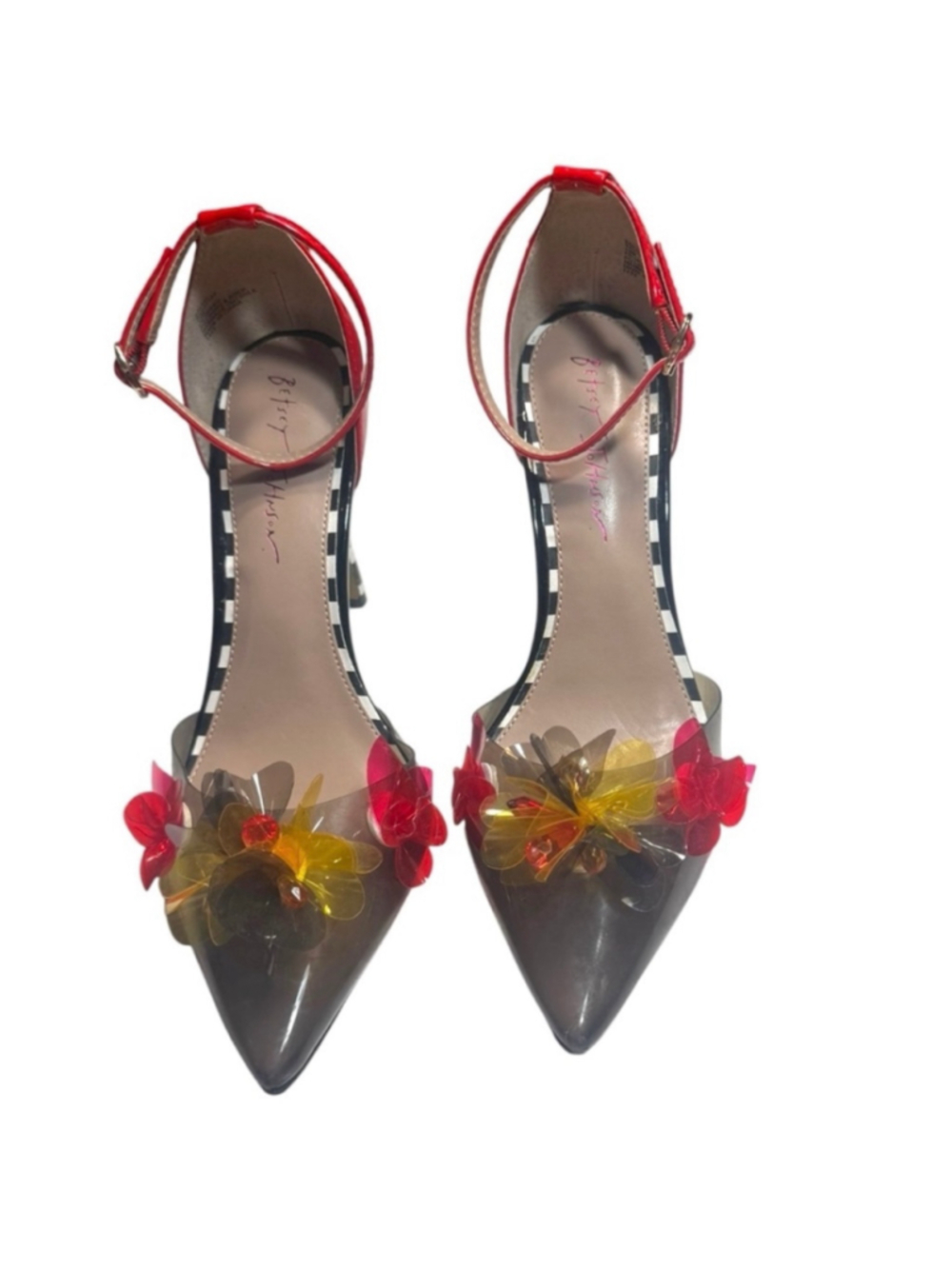 Women's Betsey Johnson Heels Red Black Floral Ankle Strap Pumps Size 10 - Picture 3 of 7